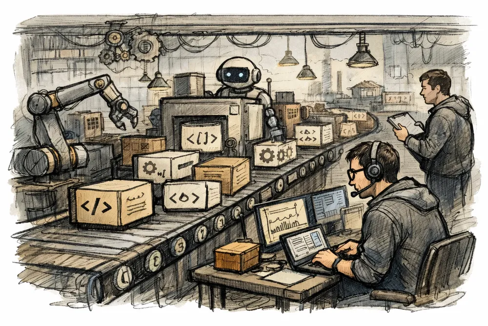 Depiction of a software assembly line in the age of AI